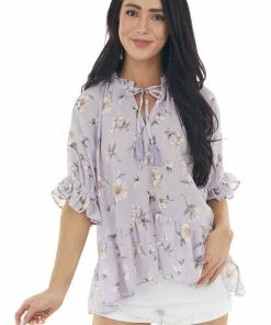 Umgee Lavender Floral Print Drop Waist Ruffle Blouse With Tassels
