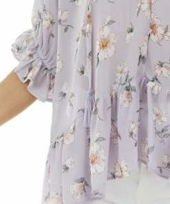 Umgee Lavender Floral Print Drop Waist Ruffle Blouse With Tassels
