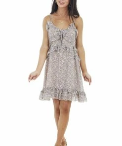 She + Sky Dresses Lavender Floral Print Short Dress With Spaghetti Straps