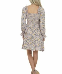 ANGIE Lavender Floral Print Smocked Short Dress