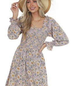 ANGIE Lavender Floral Print Smocked Short Dress