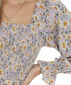 ANGIE Lavender Floral Print Smocked Short Dress