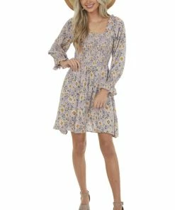 ANGIE Lavender Floral Print Smocked Short Dress