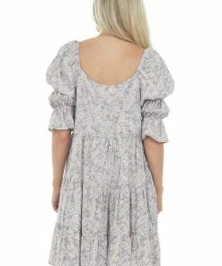 SugarFox Lavender Floral Print Square Neck Short Dress Dresses