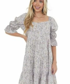 SugarFox Lavender Floral Print Square Neck Short Dress Dresses