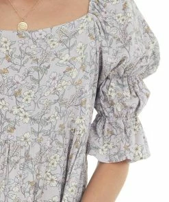 SugarFox Lavender Floral Print Square Neck Short Dress Dresses