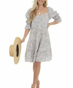 SugarFox Lavender Floral Print Square Neck Short Dress Dresses