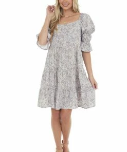 SugarFox Lavender Floral Print Square Neck Short Dress Dresses