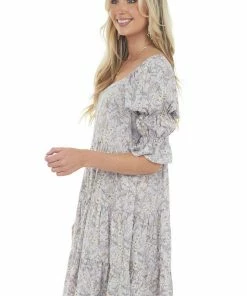 SugarFox Lavender Floral Print Square Neck Short Dress Dresses