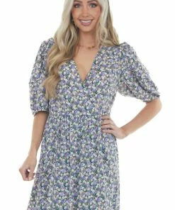 Staccato Lavender Floral Print Surplice Dress With Short Sleeves Dresses