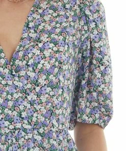 Staccato Lavender Floral Print Surplice Dress With Short Sleeves Dresses