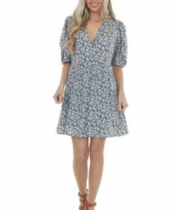 Staccato Lavender Floral Print Surplice Dress With Short Sleeves Dresses