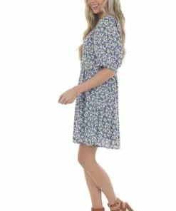Staccato Lavender Floral Print Surplice Dress With Short Sleeves Dresses
