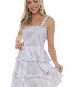Sweet Lemon Dresses Lavender Gingham Smocked Tiered Mini Dress