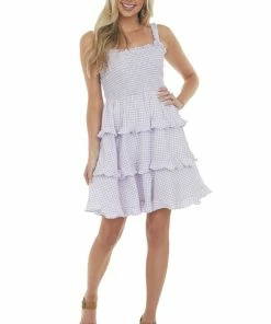 Sweet Lemon Dresses Lavender Gingham Smocked Tiered Mini Dress
