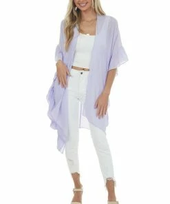 HYFVE Lavender Half Ruffle Sleeve Textured Kimono Tops