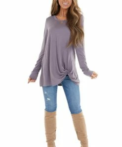 Kye Mi Lavender Knit Long Sleeve Top With Hem Twist Detail