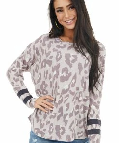 BucketList Lavender Leopard Print Stretchy Knit Top With Stripe Detail Tops