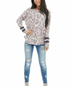 BucketList Lavender Leopard Print Stretchy Knit Top With Stripe Detail Tops