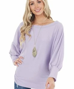 Veveret Tops Lavender Oversized Boat Neck Top With Long Dolman Sleeves
