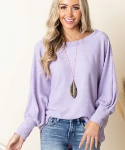 Veveret Tops Lavender Oversized Boat Neck Top With Long Dolman Sleeves