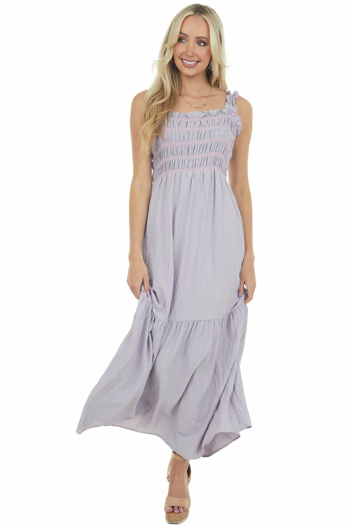 Davi & Dani Lavender Smocked Square Neckline Maxi Dress Dresses 5 Davi & Dani Lavender Smocked Square Neckline Maxi Dress Dresses