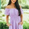 143 Story Lavender Swiss Dot Off Shoulder Woven Romper Dresses