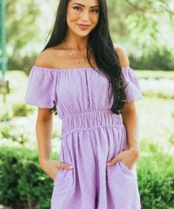 143 Story Lavender Swiss Dot Off Shoulder Woven Romper Dresses