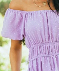 143 Story Lavender Swiss Dot Off Shoulder Woven Romper Dresses