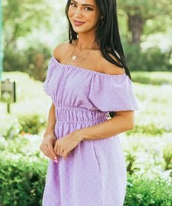 143 Story Lavender Swiss Dot Off Shoulder Woven Romper Dresses