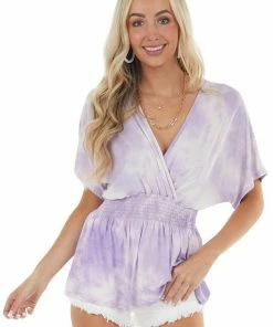 Vine & Love Lavender Tie Dye Surplice Knit Top With Smocked Waist Tops
