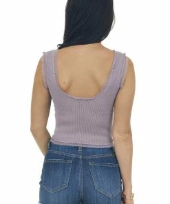 DYNAMIC Lavender U Neck Lace Trim Ribbed Knit Crop Tank Tops