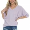 143 Story Lavender V Neck Waffle Knit Raw Edge Top Tops