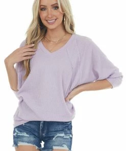 143 Story Lavender V Neck Waffle Knit Raw Edge Top Tops
