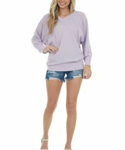 143 Story Lavender V Neck Waffle Knit Raw Edge Top Tops