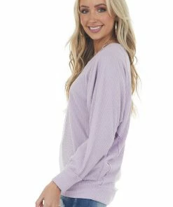 143 Story Lavender V Neck Waffle Knit Raw Edge Top Tops
