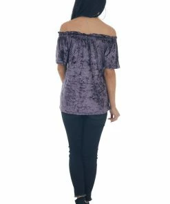 ANGIE Tops Violet Velvet Frilled Off The Shoulder Top
