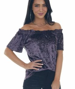 ANGIE Tops Violet Velvet Frilled Off The Shoulder Top