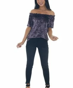 ANGIE Tops Violet Velvet Frilled Off The Shoulder Top