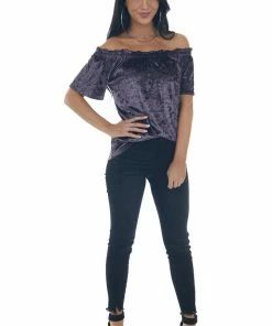 ANGIE Tops Violet Velvet Frilled Off The Shoulder Top