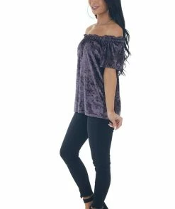 ANGIE Tops Violet Velvet Frilled Off The Shoulder Top