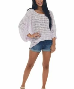 143 Story Lavender Vertical Striped Boat Neck Loose Knit Top