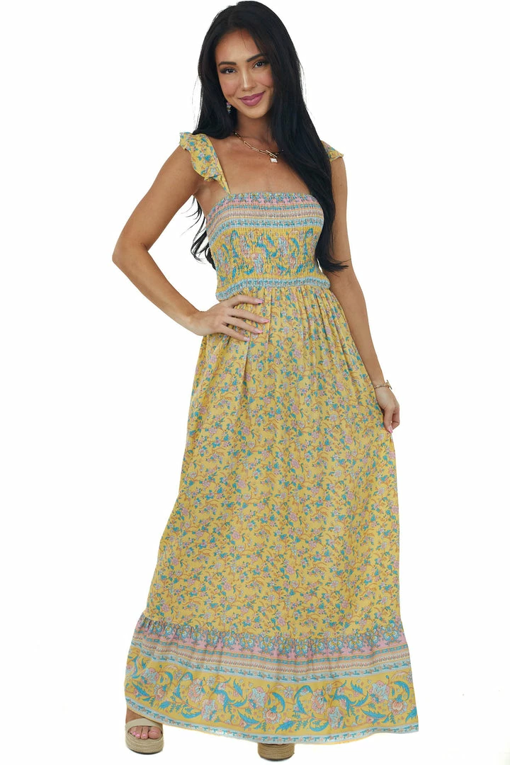 Umgee Dresses Lemon Floral Print Sleeveless Smocked Maxi Dress 3 Umgee Dresses Lemon Floral Print Sleeveless Smocked Maxi Dress