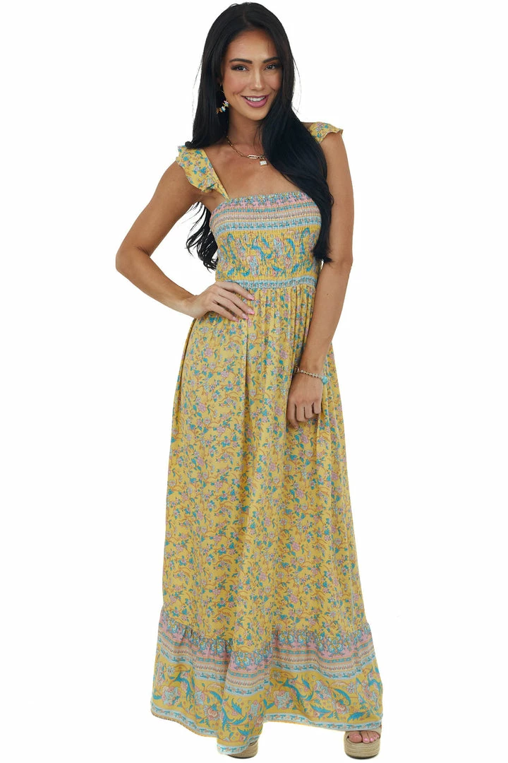 Umgee Dresses Lemon Floral Print Sleeveless Smocked Maxi Dress 4 Umgee Dresses Lemon Floral Print Sleeveless Smocked Maxi Dress