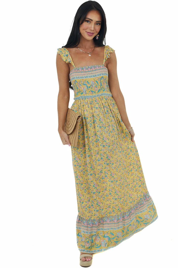 Umgee Dresses Lemon Floral Print Sleeveless Smocked Maxi Dress 5 Umgee Dresses Lemon Floral Print Sleeveless Smocked Maxi Dress
