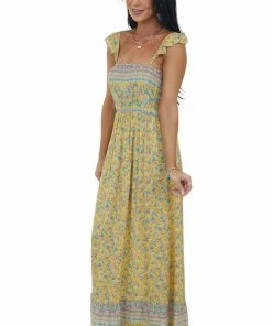 Umgee Dresses Lemon Floral Print Sleeveless Smocked Maxi Dress 11 Umgee Dresses Lemon Floral Print Sleeveless Smocked Maxi Dress