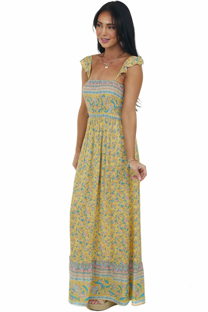 Umgee Dresses Lemon Floral Print Sleeveless Smocked Maxi Dress 6 Umgee Dresses Lemon Floral Print Sleeveless Smocked Maxi Dress