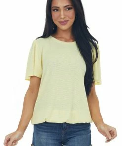 CY Fashion Lemon Textured Flutter Sleeve Elastic Hem Top