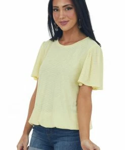 CY Fashion Lemon Textured Flutter Sleeve Elastic Hem Top 11 CY Fashion Lemon Textured Flutter Sleeve Elastic Hem Top