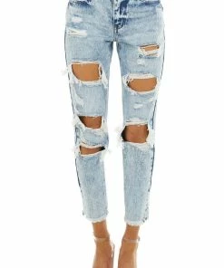 KanCan Light Acid Wash High Rise Distressed Boyfriend Jeans Bottoms